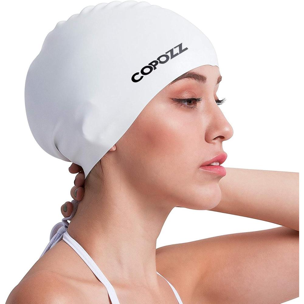 imageCOPOZZ Adult Swim Caps Silicone Waterproof Comfortable Swimming Cap for Women Long and Short HairWhite12yrs