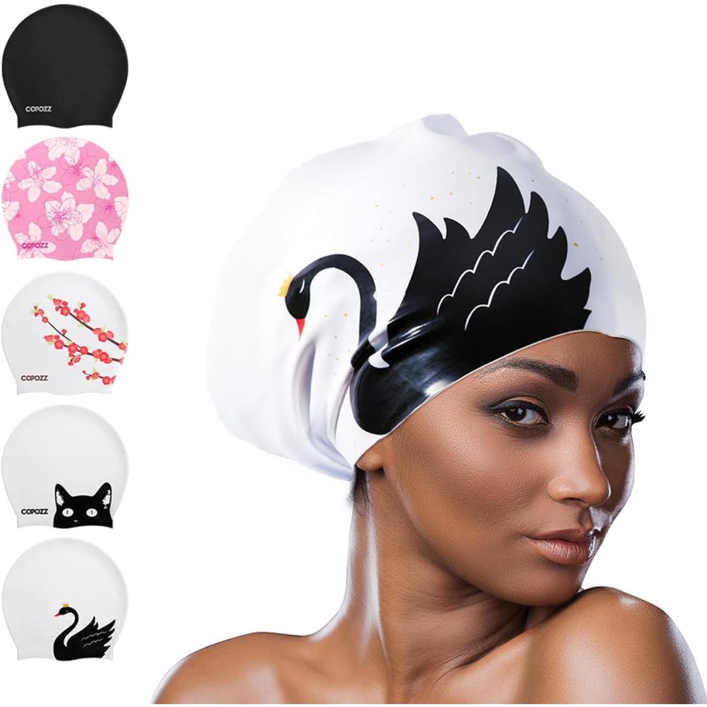 imageCOPOZZ Extra Large Swim Cap Designed for Long Hair Braids Dreadlocks Weaves Hair Extensions Curls ampamp Afros Silicone Bathing Cap Swimming Hat for Women MenBlack Swan