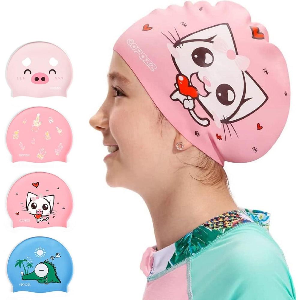 imageCOPOZZ Kids Swim Caps Silicone Comfy Bathing Cap Swimming Hat for Long and Short HairPink Kitten512yrs