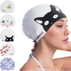 COPOZZ Adult Swim Caps, Silicone Waterproof Comfortable Swimming Cap for Women, Long and Short Hair(Black Cat-12yrs+)