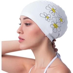 COPOZZ Adult Swim Caps, Silicone Waterproof Comfortable Swimming Cap for Women, Long and Short Hair(Daisy-12yrs+)