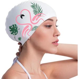 COPOZZ Adult Swim Caps, Silicone Waterproof Comfortable Swimming Cap for Women, Long and Short Hair(Flamingo-12yrs+)