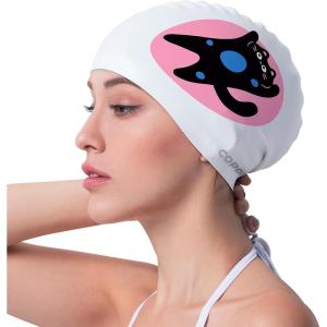 COPOZZ Adult Swim Caps, Silicone Waterproof Comfortable Swimming Cap for Women, Long and Short Hair(Kitten-12yrs+)