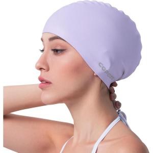 COPOZZ Adult Swim Caps, Silicone Waterproof Comfortable Swimming Cap for Women, Long and Short Hair(Purple-12yrs+)
