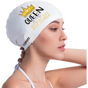 COPOZZ Adult Swim Caps, Silicone Waterproof Comfortable Swimming Cap for Women, Long and Short Hair(Queen-12yrs+)