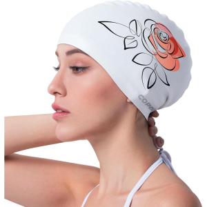 COPOZZ Adult Swim Caps, Silicone Waterproof Comfortable Swimming Cap for Women, Long and Short Hair(Rose-12yrs+)