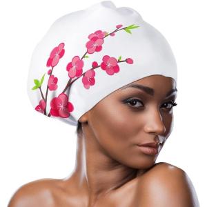 COPOZZ Extra Large Swim Cap, Designed for Long Hair Braids Dreadlocks Weaves Hair Extensions Curls & Afros, Silicone Bathing Cap Swimming Hat for Women Men(Peach Blossom)