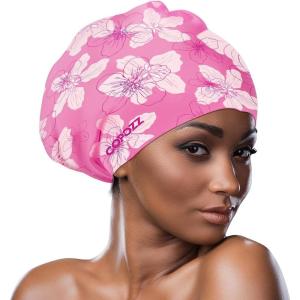 COPOZZ Extra Large Swim Cap, Designed for Long Hair Braids Dreadlocks Weaves Hair Extensions Curls & Afros, Silicone Bathing Cap Swimming Hat for Women Men(Pink Flower)