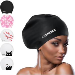 COPOZZ Extra Large Swim Cap, Designed for Long Hair Braids Dreadlocks Weaves Hair Extensions Curls & Afros, Silicone Bathing Cap Swimming Hat for Women Men(Black)
