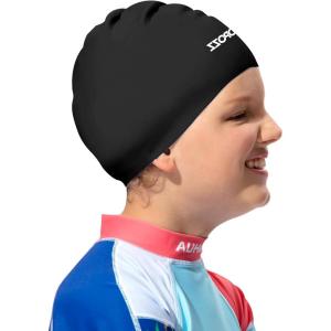 COPOZZ Kids Swim Caps, Silicone Comfy Bathing Cap Swimming Hat for Long and Short Hair(Black-5-12yrs)