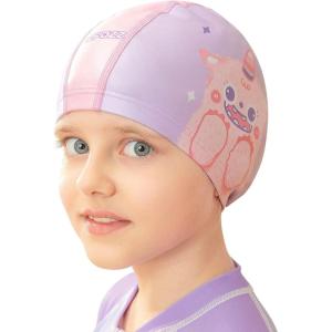 COPOZZ Swim Caps for Girls Boys, Quick Dry Fabric Kids Swimming Cap for Long and Short Hair, Spandex Swim Hats with High Elasticity for Age 5-12 Toddler Child Youth(Pink-Monster)