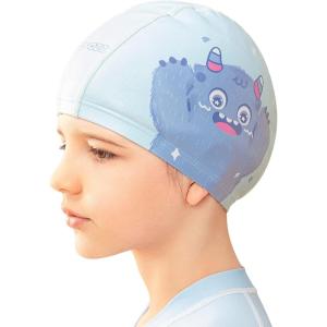COPOZZ Swim Caps for Girls Boys, Quick Dry Fabric Kids Swimming Cap for Long and Short Hair, Spandex Swim Hats with High Elasticity for Age 5-12 Toddler Child Youth(Blue-Monster)