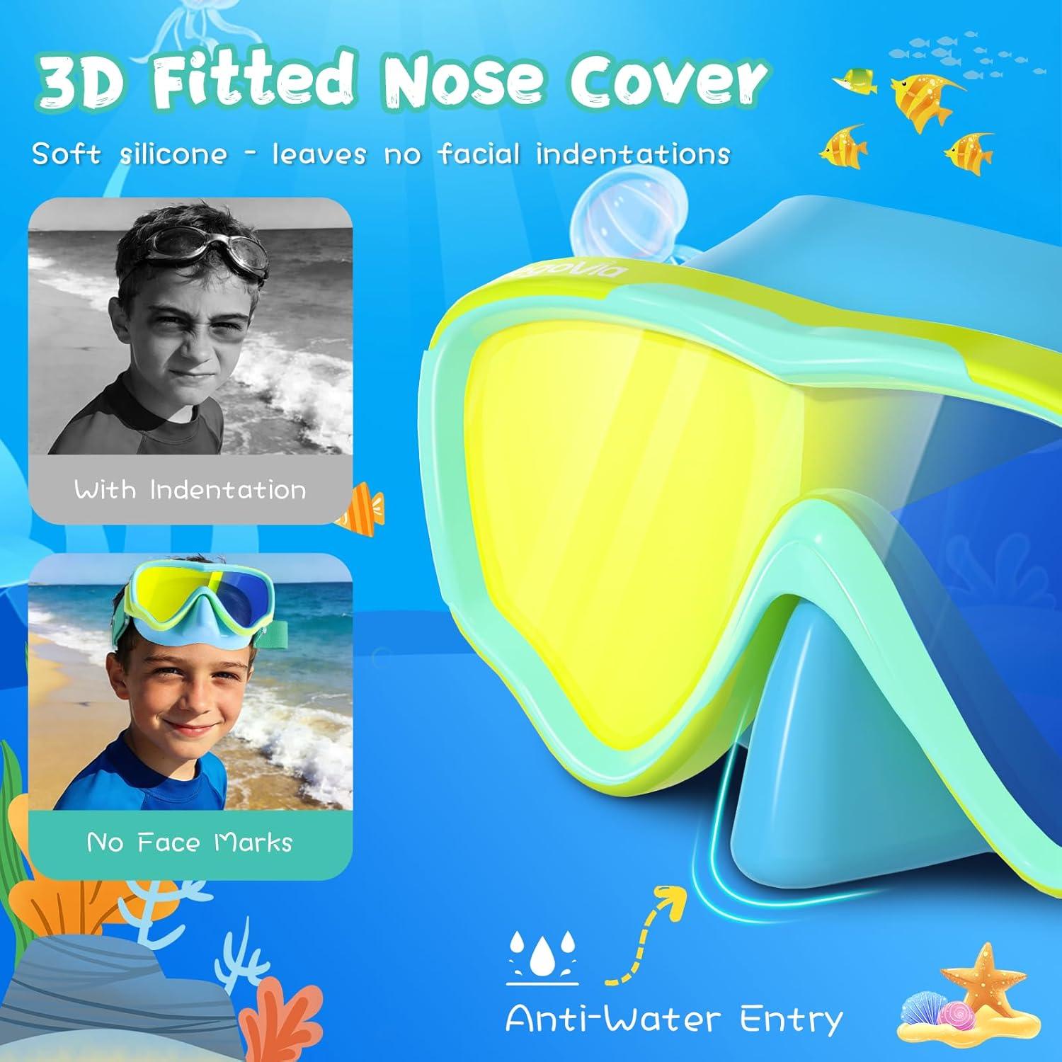 image:imageKids Swim Goggles with Nose Cover Anti Fog Wide View Clear Swim Mask for Kids Youth 315 AntiShattered NoleakBluegreen Blue Lenses