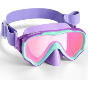 Kids Swim Goggles with Nose Cover, Anti Fog Wide View Clear Swim Mask for Kids Youth 3-15, Anti-Shattered No-leak(Purple-green + Pink Lenses)