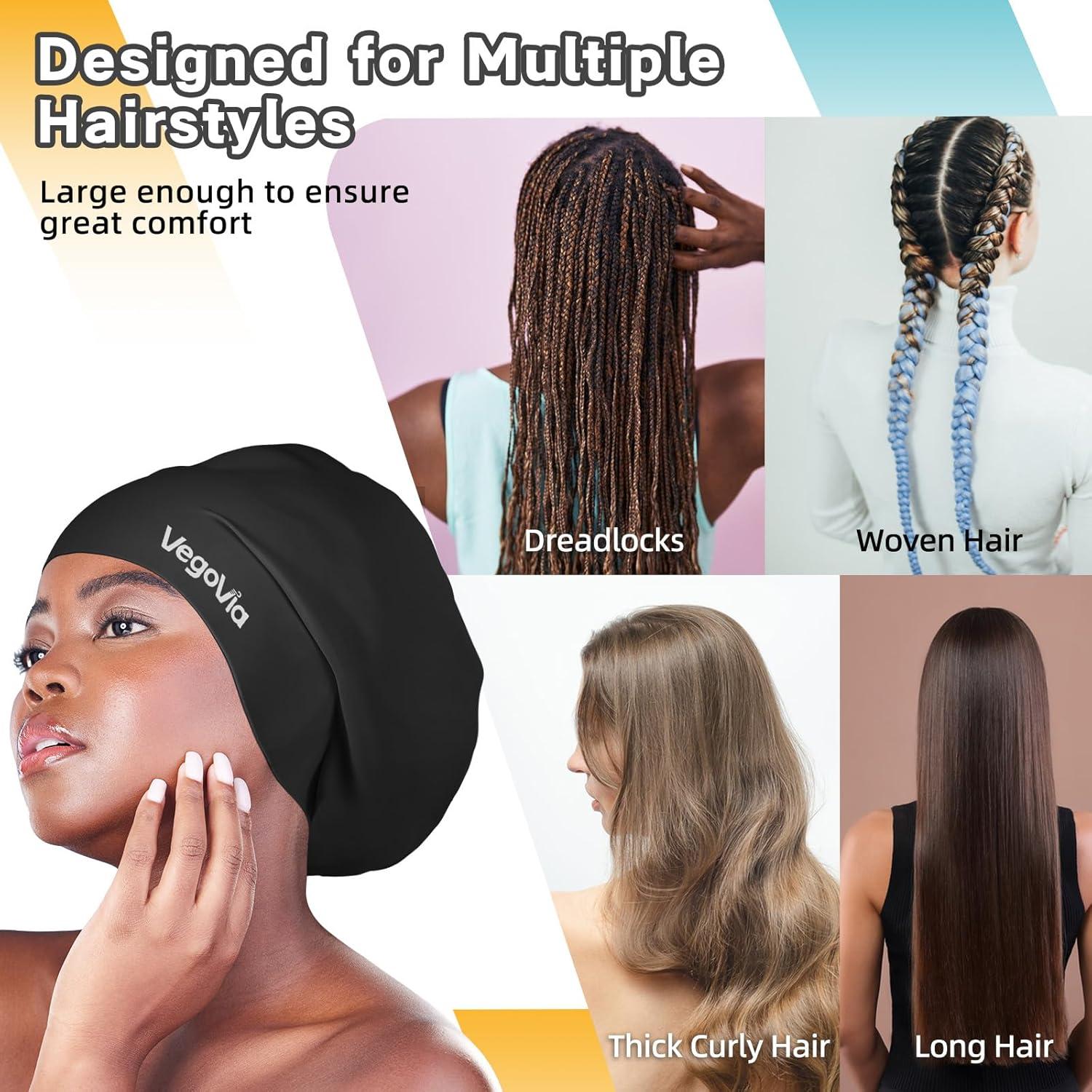 image:imageVegoVia 2 Pack Large Swim Cap for Braids Waterproof Silicone Swimming Cap for Women Men Adult Long Hair to Keep Hair DryBlack Black