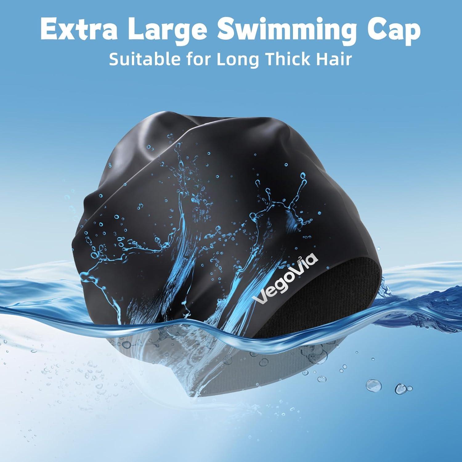 image:imageVegoVia 2 Pack Large Swim Cap for Braids Waterproof Silicone Swimming Cap for Women Men Adult Long Hair to Keep Hair DryBlack Black