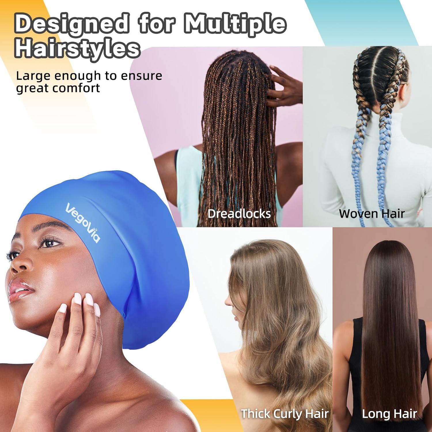 image:imageVegoVia 2 Pack Large Swim Cap for Braids Waterproof Silicone Swimming Cap for Women Men Adult Long Hair to Keep Hair DryBlack Blue