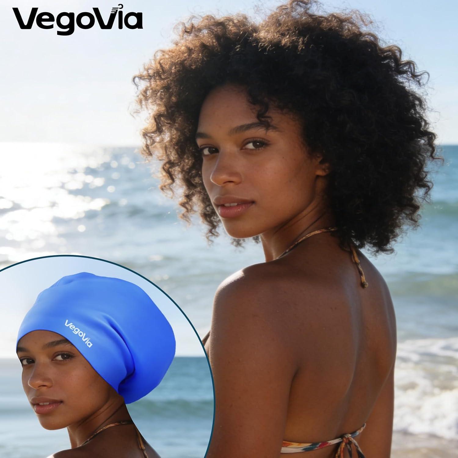 image:imageVegoVia 2 Pack Large Swim Cap for Braids Waterproof Silicone Swimming Cap for Women Men Adult Long Hair to Keep Hair DryBlack Blue