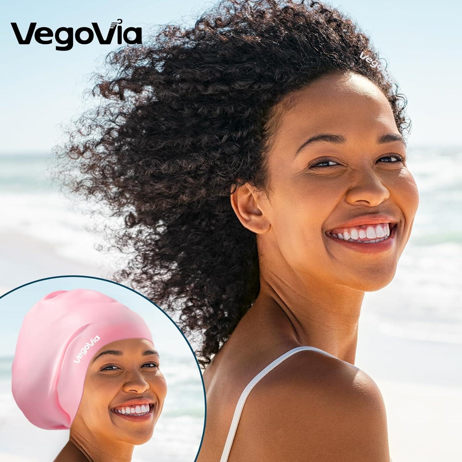 image:imageVegoVia 2 Pack Large Swim Cap for Braids Waterproof Silicone Swimming Cap for Women Men Adult Long Hair to Keep Hair DryBlack Pink