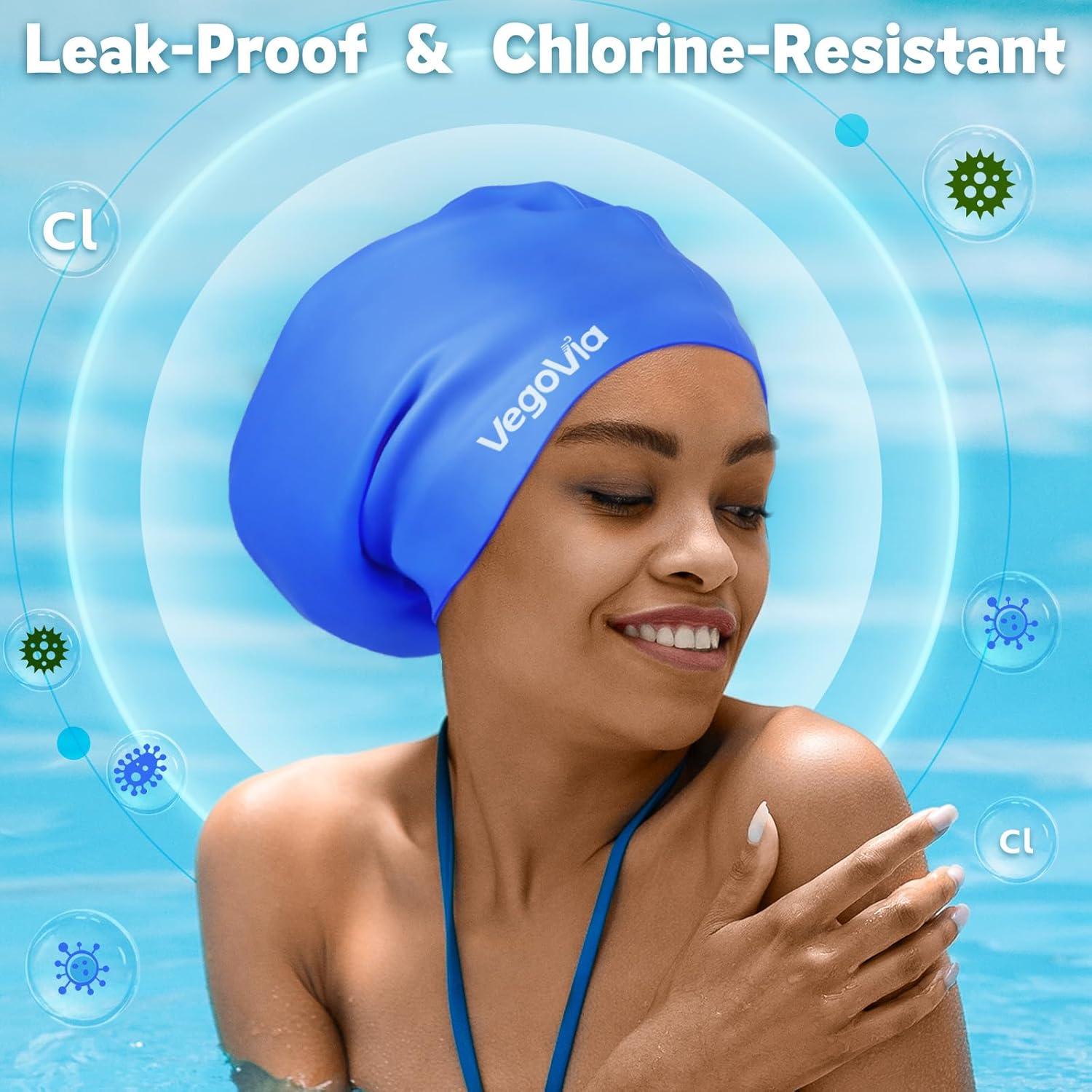 image:imageVegoVia Large Swim Cap for Braids and Dreadlocks Waterproof Silicone Swimming Cap for Women Men Adult Long Hair to Keep Hair DryBlue