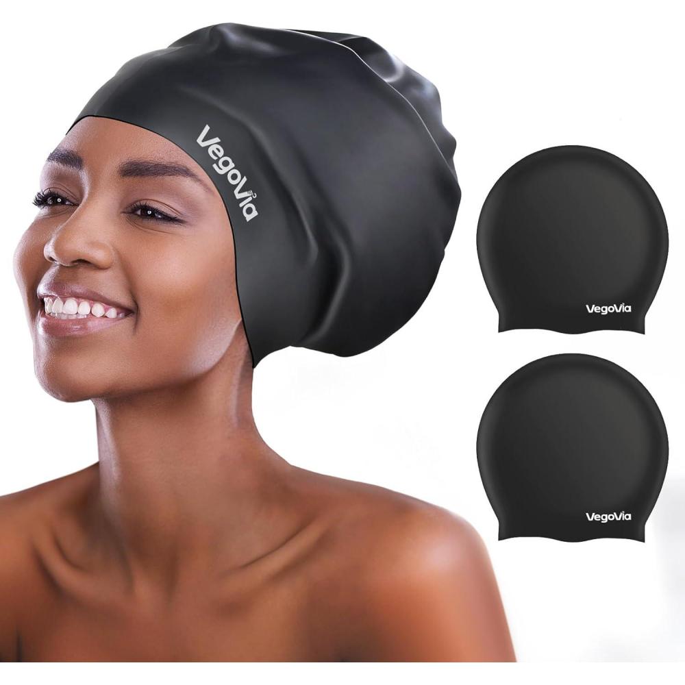 image:imageVegoVia 2 Pack Large Swim Cap for Braids Waterproof Silicone Swimming Cap for Women Men Adult Long Hair to Keep Hair DryBlack Black