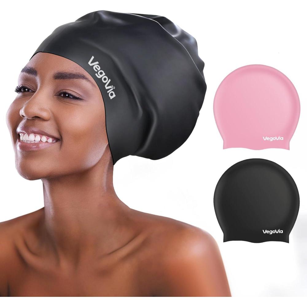 image:imageVegoVia 2 Pack Large Swim Cap for Braids Waterproof Silicone Swimming Cap for Women Men Adult Long Hair to Keep Hair DryBlack Pink