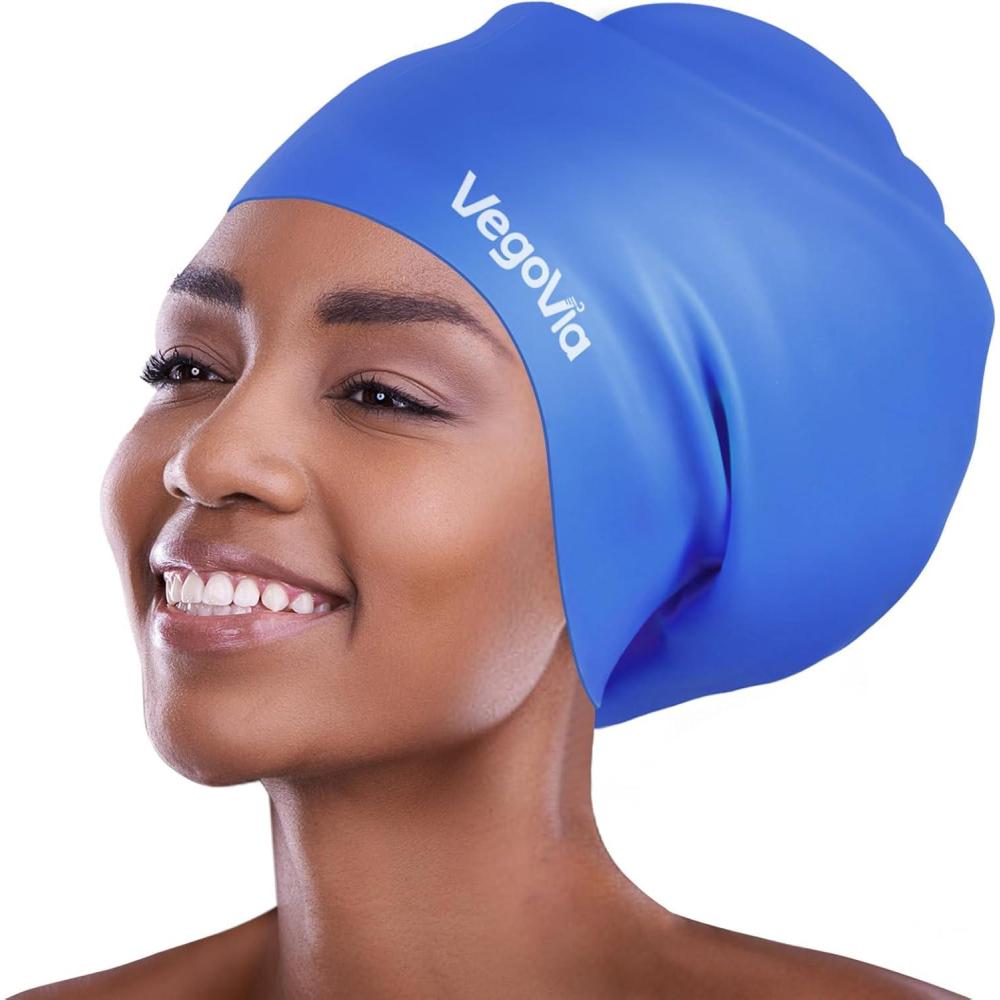 image:imageVegoVia Large Swim Cap for Braids and Dreadlocks Waterproof Silicone Swimming Cap for Women Men Adult Long Hair to Keep Hair DryBlue