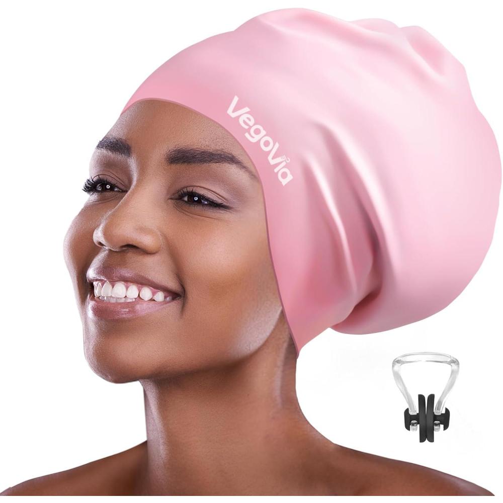 image:imageVegoVia Large Swim Cap for Braids and Dreadlocks Waterproof Silicone Swimming Cap for Women Men Adult Long Hair to Keep Hair DryLight Pink