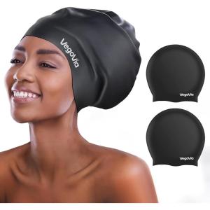 VegoVia 2 Pack Large Swim Cap for Braids, Waterproof Silicone Swimming Cap for Women Men Adult Long Hair to Keep Hair Dry(Black & Black)