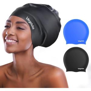 VegoVia 2 Pack Large Swim Cap for Braids, Waterproof Silicone Swimming Cap for Women Men Adult Long Hair to Keep Hair Dry(Black & Blue)