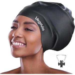 VegoVia Large Swim Cap for Braids and Dreadlocks, Waterproof Silicone Swimming Cap for Women Men Adult Long Hair to Keep Hair Dry(Black)