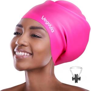 VegoVia Large Swim Cap for Braids and Dreadlocks, Waterproof Silicone Swimming Cap for Women Men Adult Long Hair to Keep Hair Dry(Hot Pink)