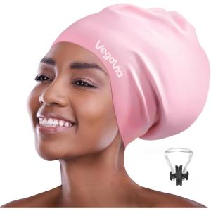 VegoVia Large Swim Cap for Braids and Dreadlocks, Waterproof Silicone Swimming Cap for Women Men Adult Long Hair to Keep Hair Dry(Light Pink)