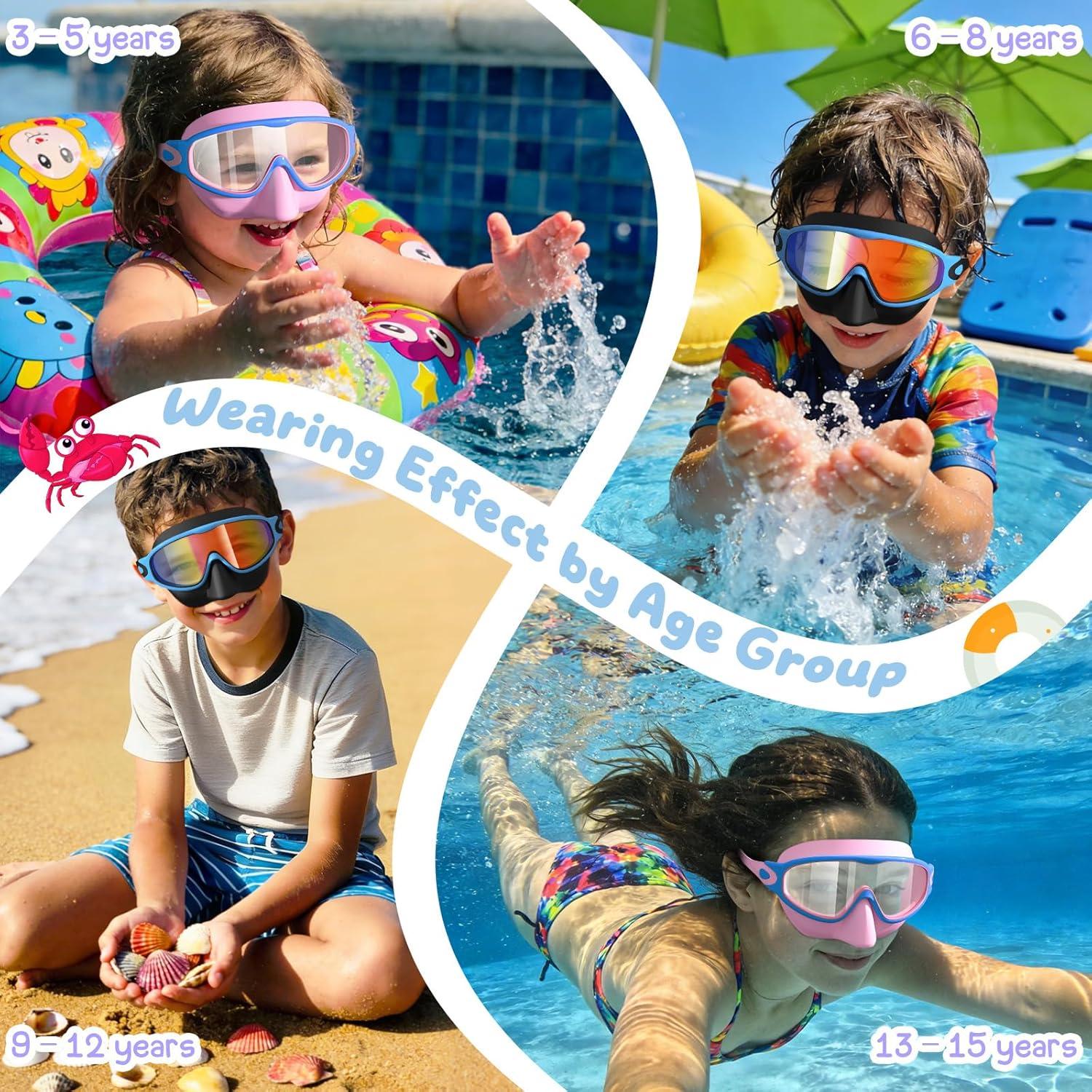 image:imageVegoVia 2 Pack Kids Swim Goggles with Nose Cover AntiFog UV Protection Swimming Goggles for Kids Youth 315Black Blue Pink Blue