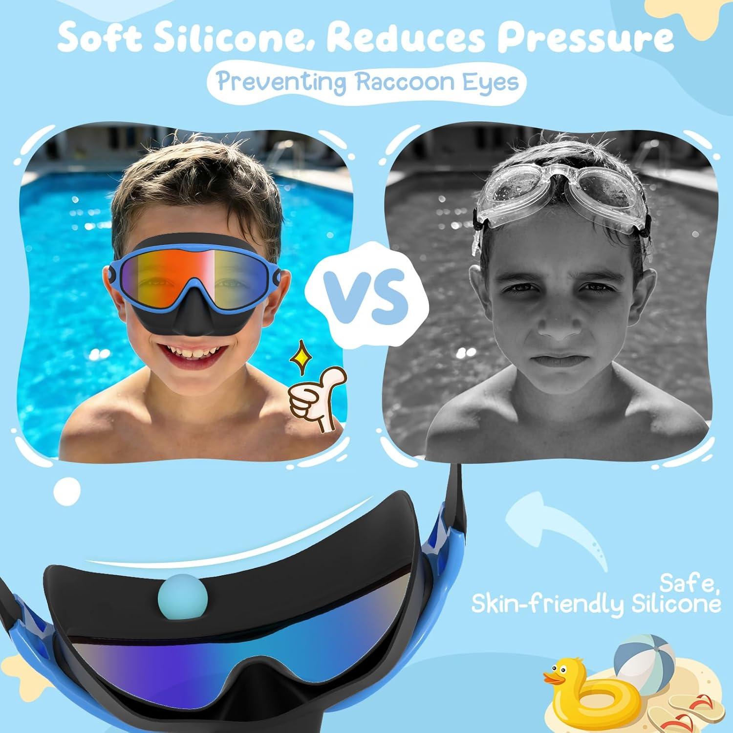 image:imageVegoVia 2 Pack Kids Swim Goggles with Nose Cover AntiFog UV Protection Swimming Goggles for Kids Youth 315Black Blue Pink Blue