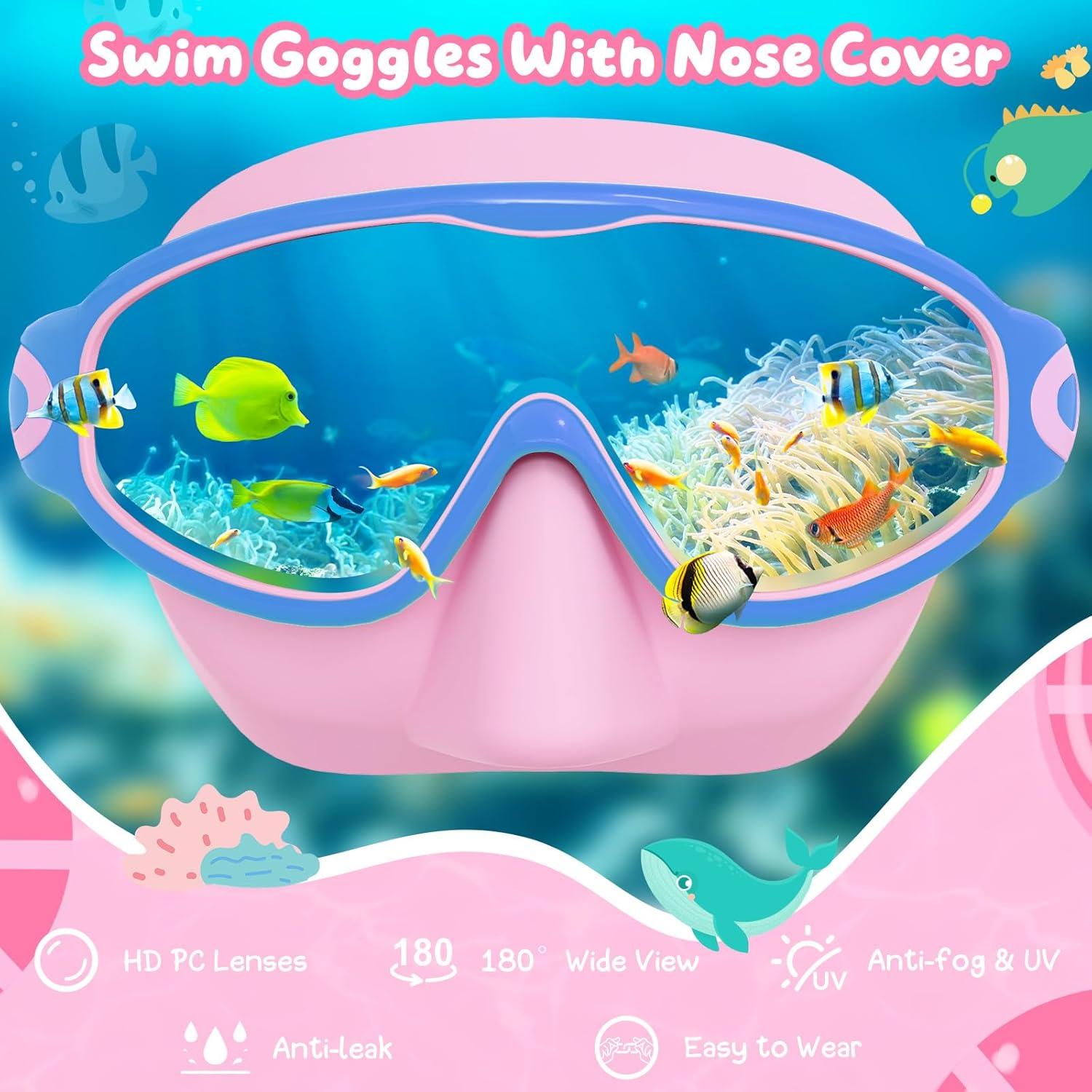 image:imageVegoVia 2 Pack Kids Swim Goggles with Nose Cover AntiFog UV Protection Swimming Goggles for Kids Youth 315Black Blue Pink Blue