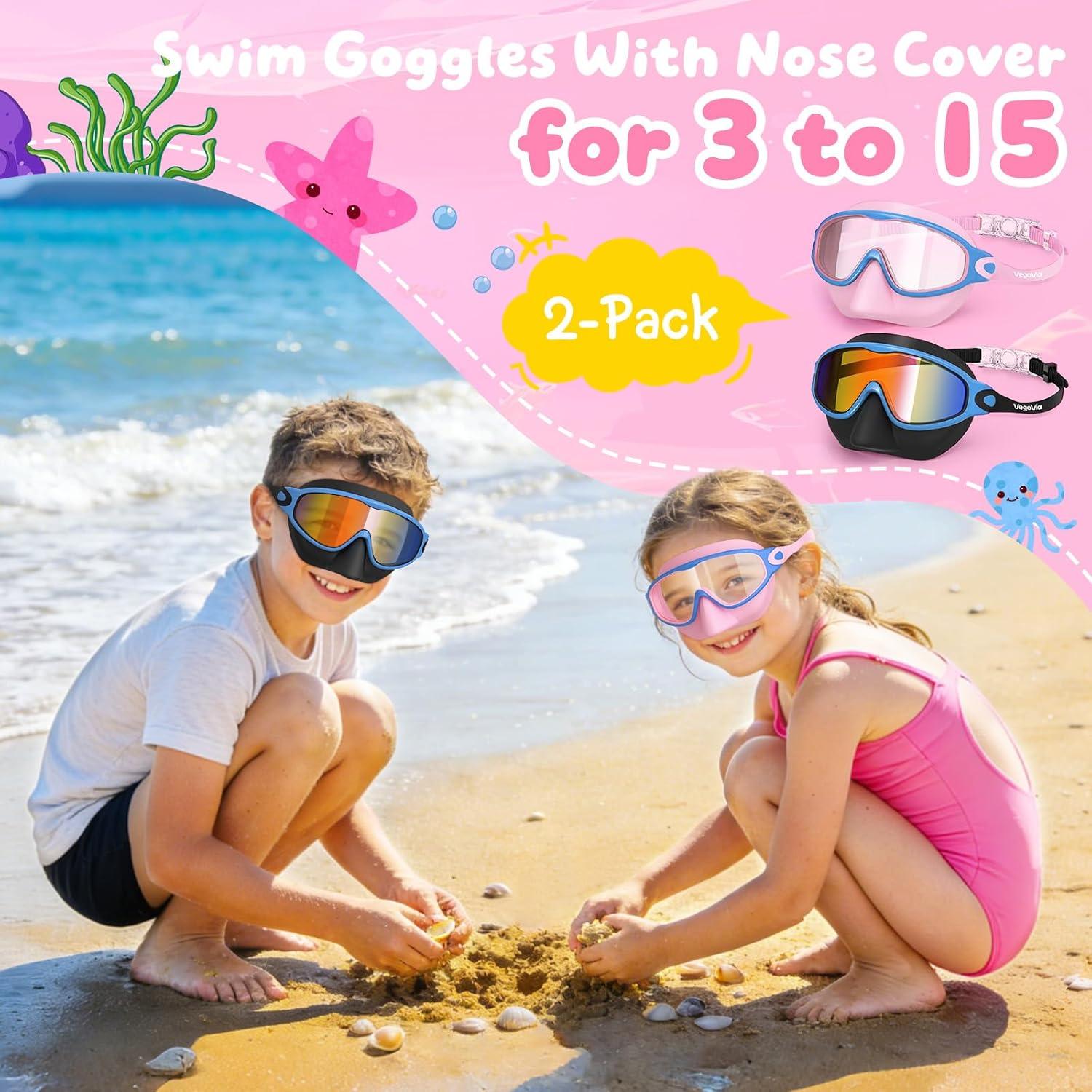 image:imageVegoVia 2 Pack Kids Swim Goggles with Nose Cover AntiFog UV Protection Swimming Goggles for Kids Youth 315Black Blue Pink Blue
