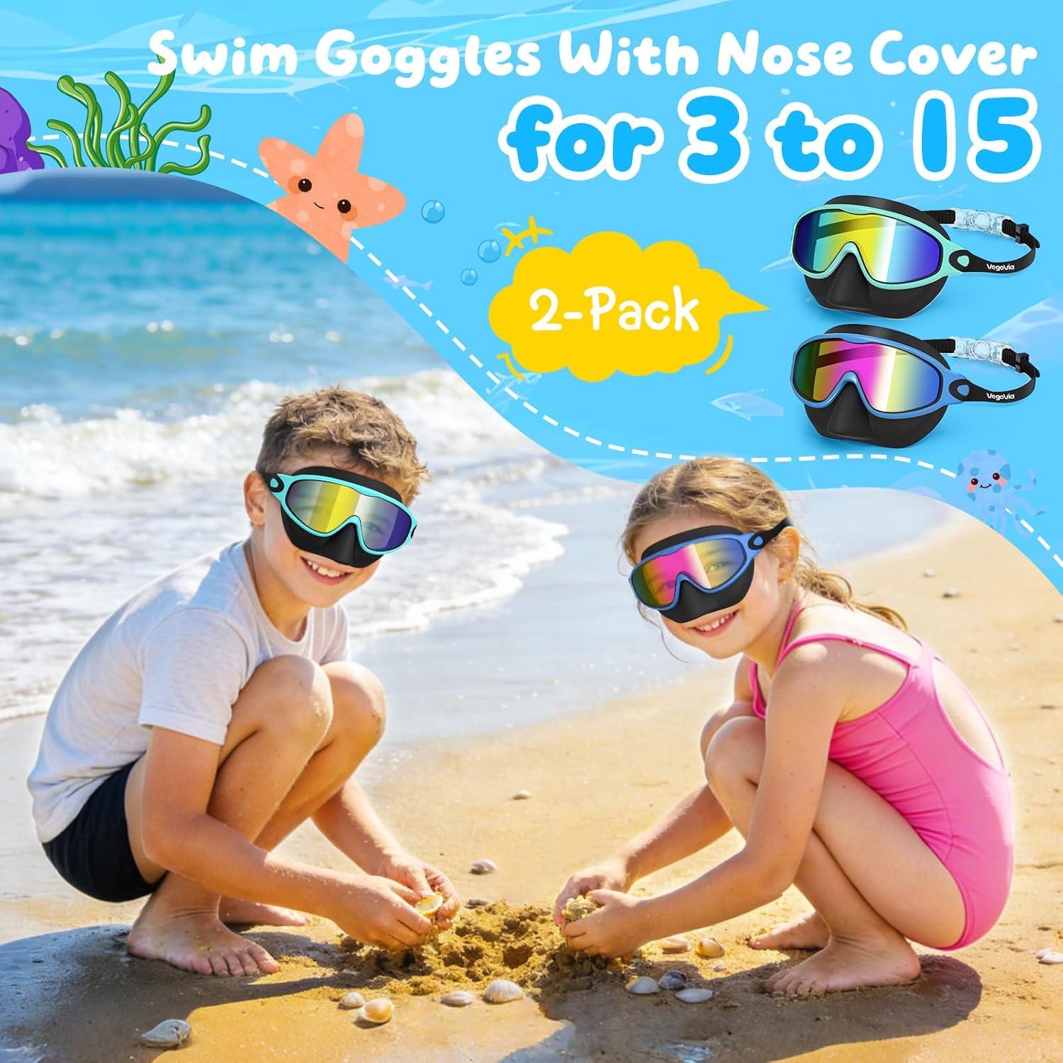 image:imageVegoVia 2 Pack Kids Swim Goggles with Nose Cover AntiFog UV Protection Swimming Goggles for Kids Youth 315Black Green Black Blue