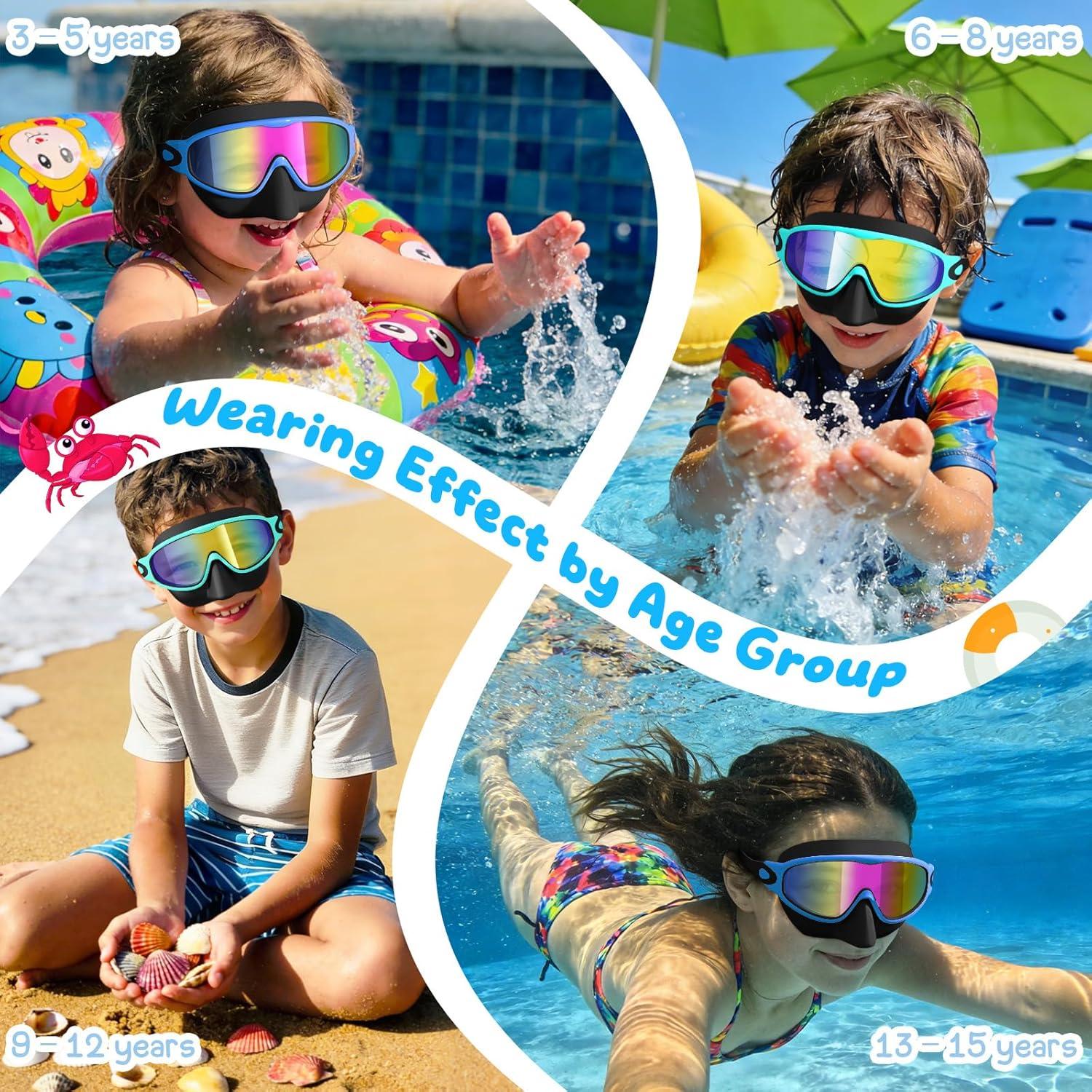 image:imageVegoVia 2 Pack Kids Swim Goggles with Nose Cover AntiFog UV Protection Swimming Goggles for Kids Youth 315Black Green Black Blue