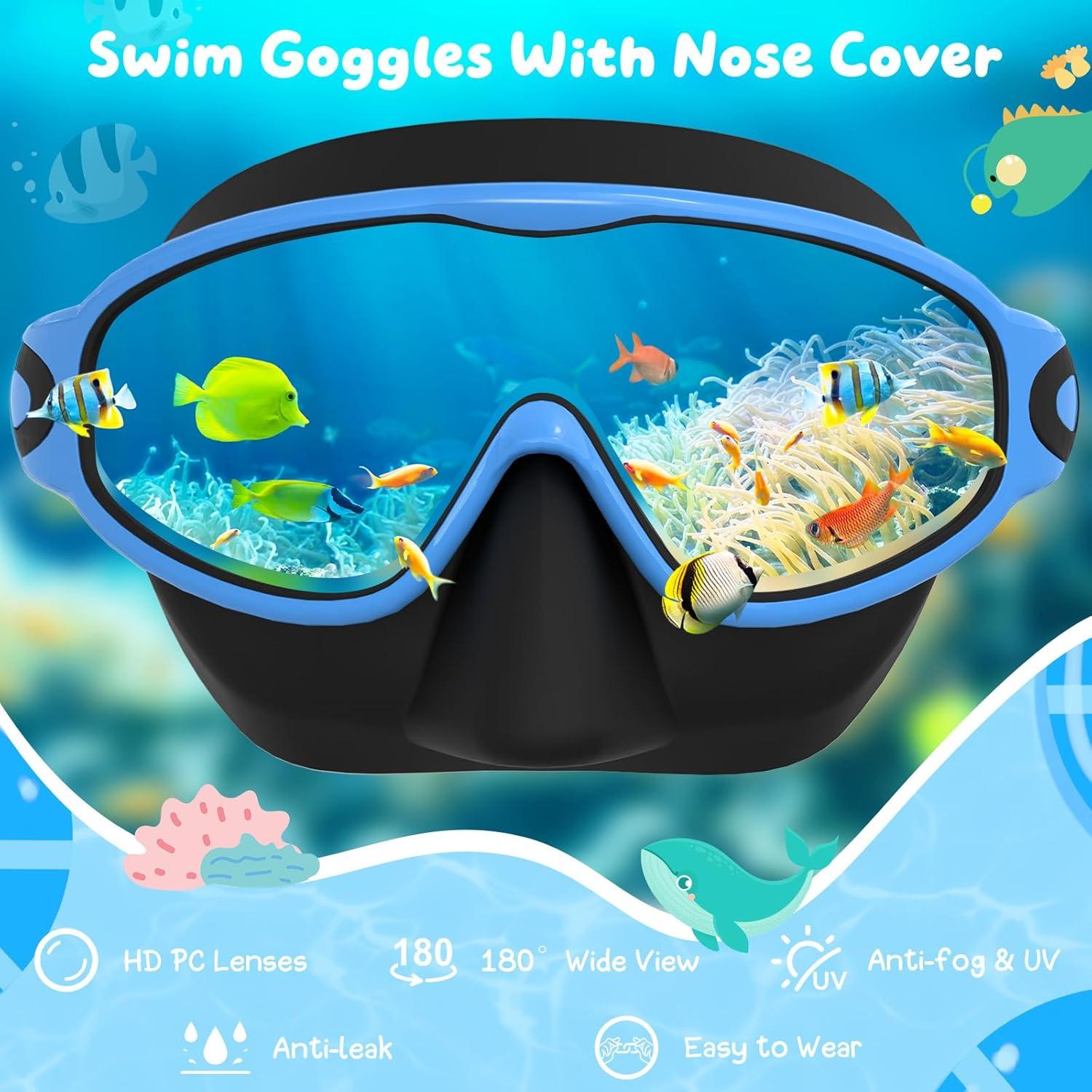 image:imageVegoVia 2 Pack Kids Swim Goggles with Nose Cover AntiFog UV Protection Swimming Goggles for Kids Youth 315Black Green Black Blue