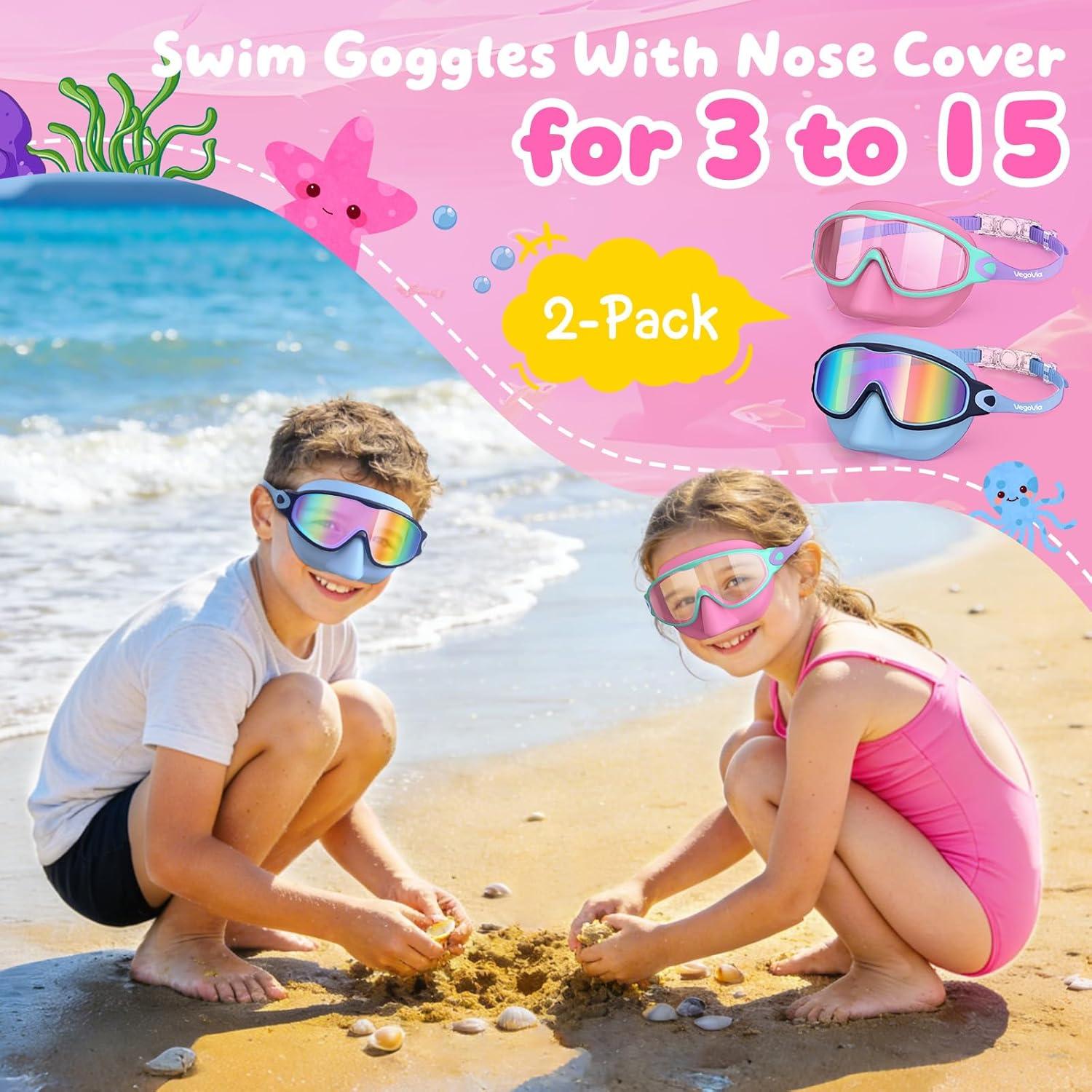 image:imageVegoVia 2 Pack Kids Swim Goggles with Nose Cover AntiFog UV Protection Swimming Goggles for Kids Youth 315Bluehot Pink