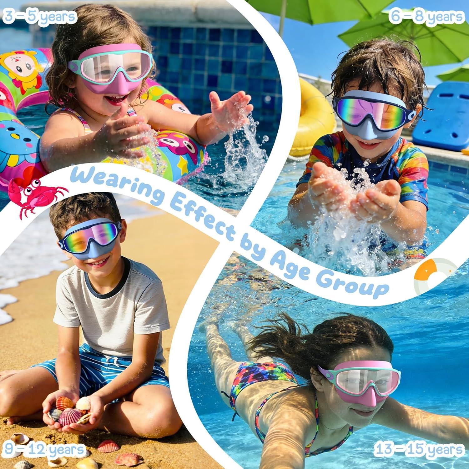 image:imageVegoVia 2 Pack Kids Swim Goggles with Nose Cover AntiFog UV Protection Swimming Goggles for Kids Youth 315Bluehot Pink