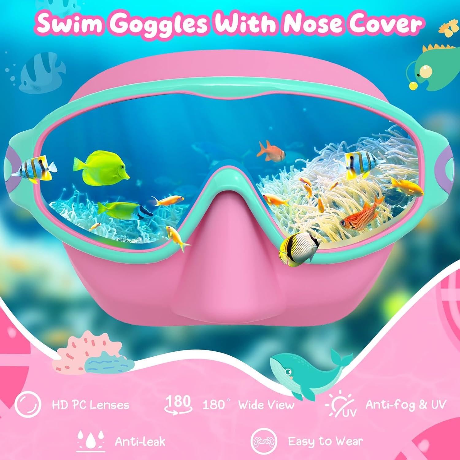 image:imageVegoVia 2 Pack Kids Swim Goggles with Nose Cover AntiFog UV Protection Swimming Goggles for Kids Youth 315Bluehot Pink