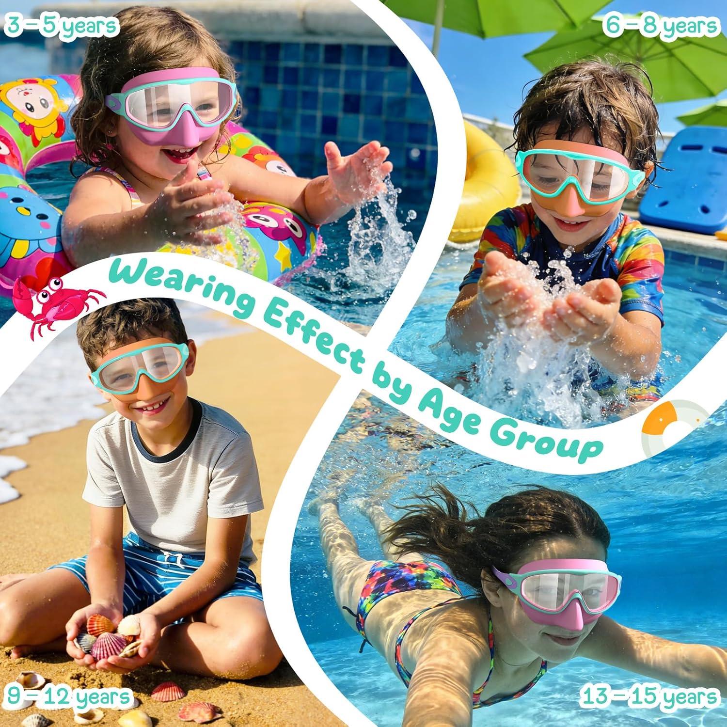 image:imageVegoVia 2 Pack Kids Swim Goggles with Nose Cover AntiFog UV Protection Swimming Goggles for Kids Youth 315Pink Orange