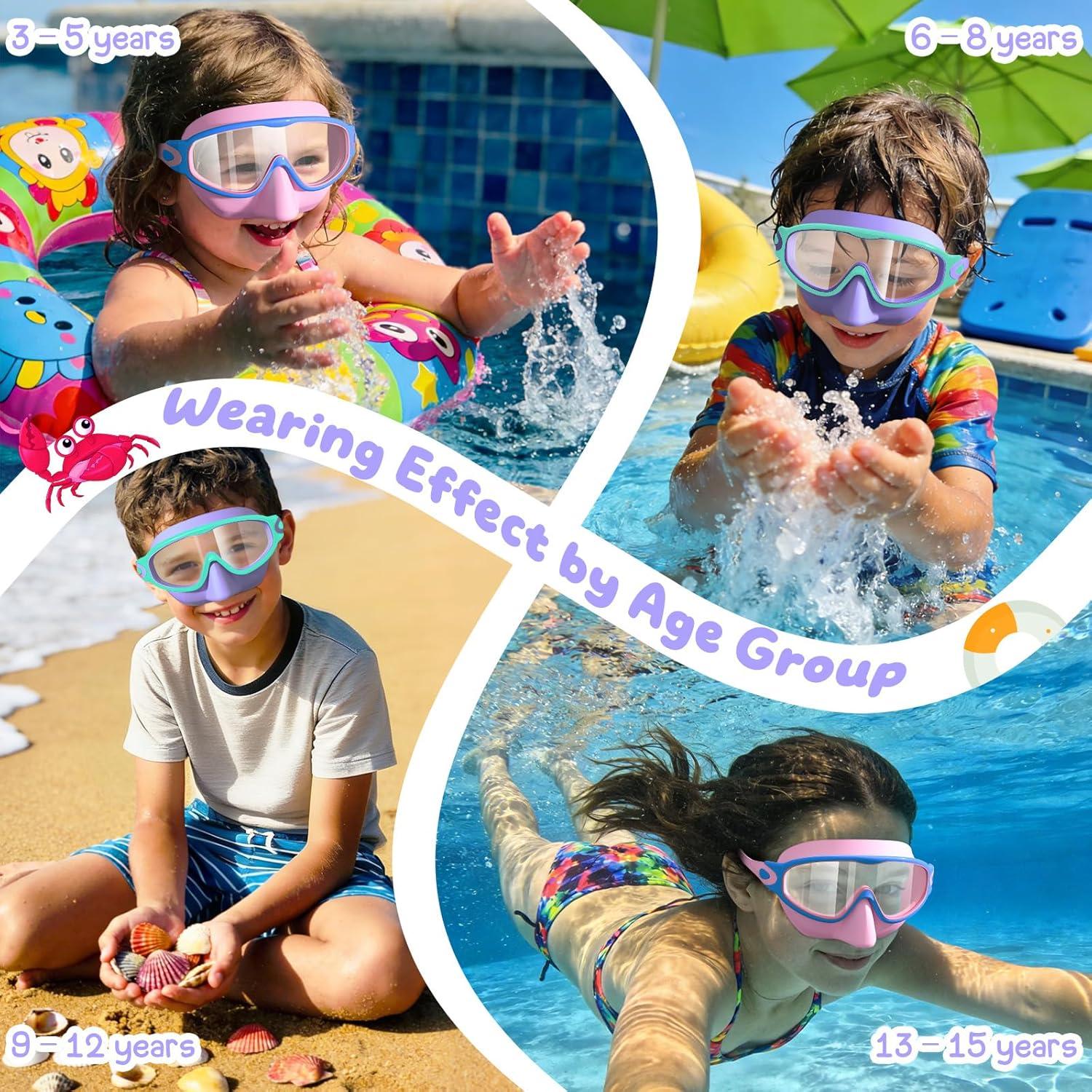 image:imageVegoVia 2 Pack Kids Swim Goggles with Nose Cover AntiFog UV Protection Swimming Goggles for Kids Youth 315Purplepink