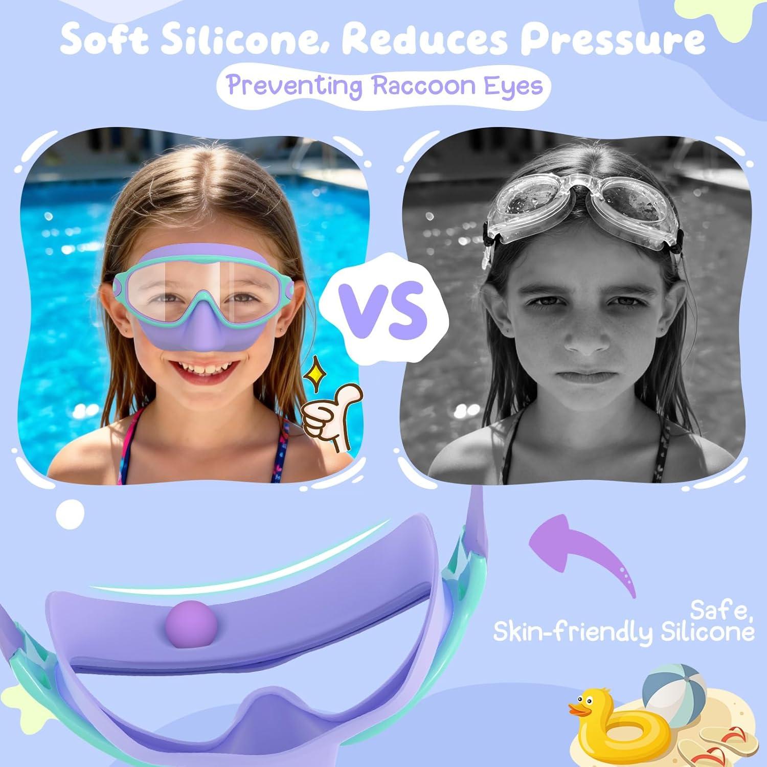 image:imageVegoVia 2 Pack Kids Swim Goggles with Nose Cover AntiFog UV Protection Swimming Goggles for Kids Youth 315Purplepink