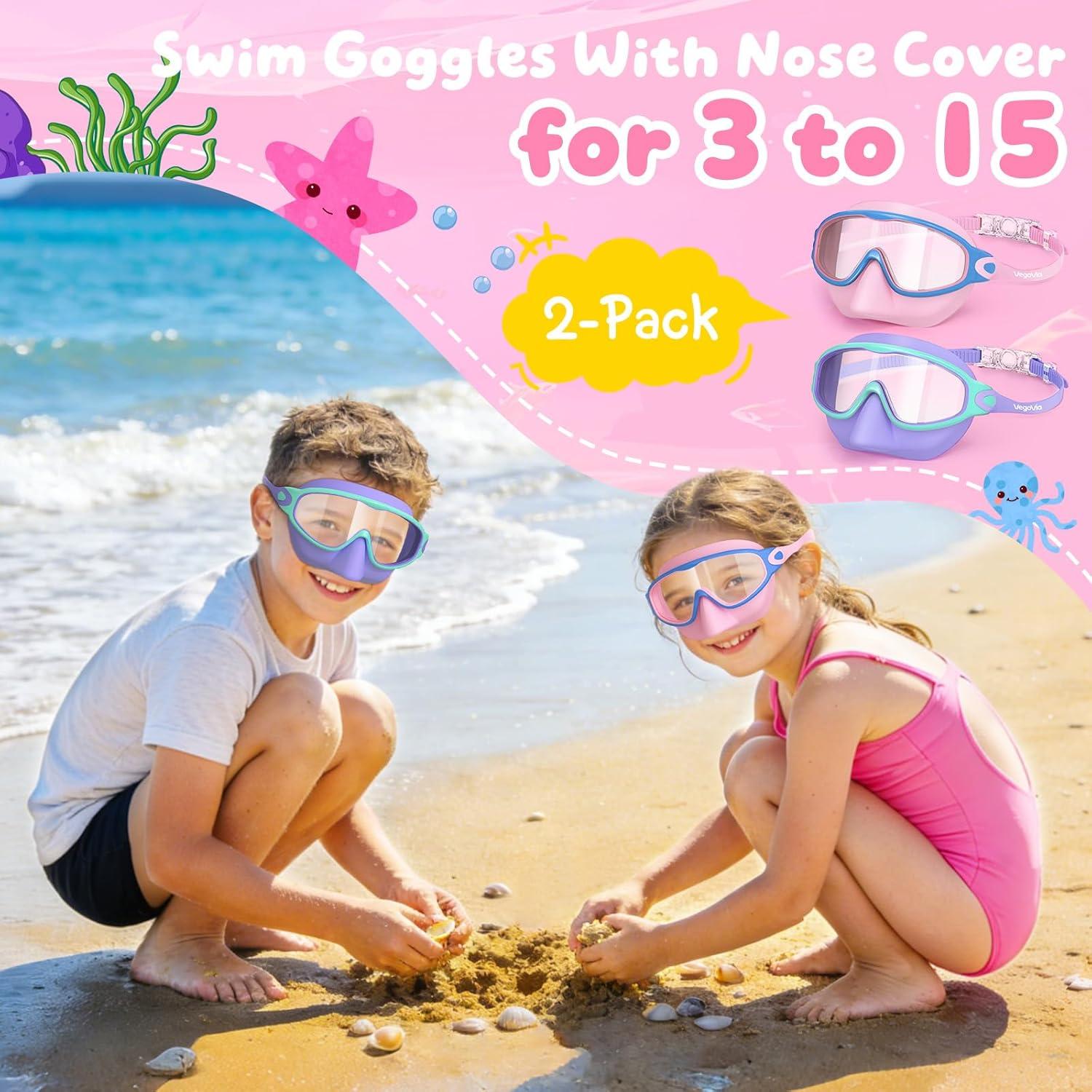image:imageVegoVia 2 Pack Kids Swim Goggles with Nose Cover AntiFog UV Protection Swimming Goggles for Kids Youth 315Purplepink