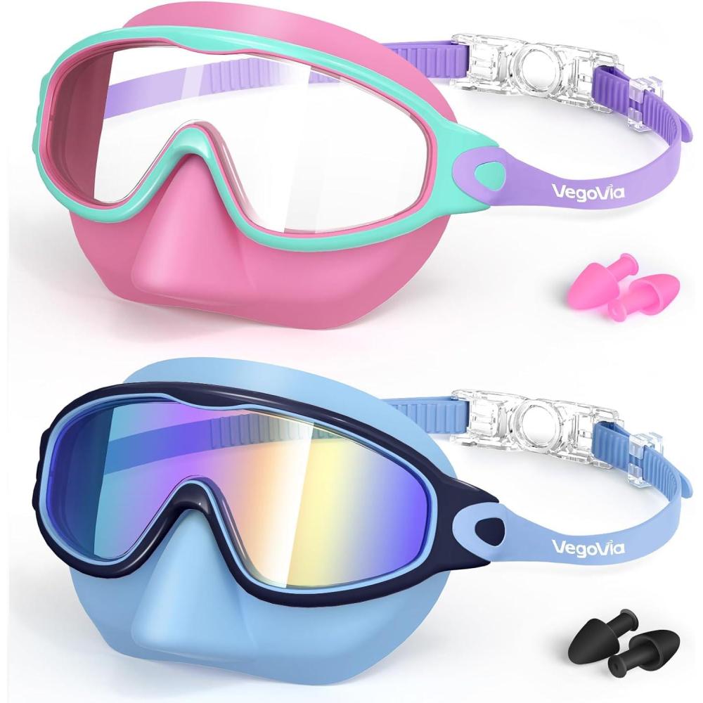 image:imageVegoVia 2 Pack Kids Swim Goggles with Nose Cover AntiFog UV Protection Swimming Goggles for Kids Youth 315Bluehot Pink