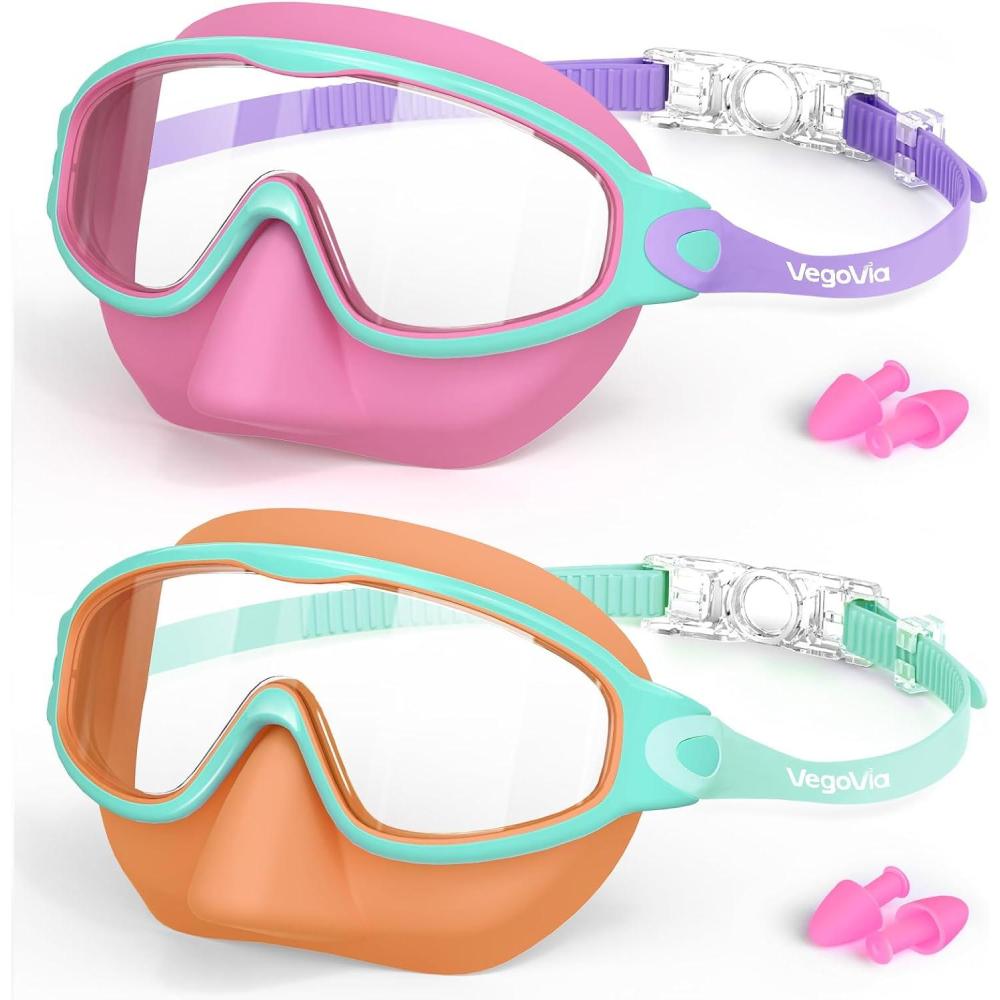 image:imageVegoVia 2 Pack Kids Swim Goggles with Nose Cover AntiFog UV Protection Swimming Goggles for Kids Youth 315Pink Orange