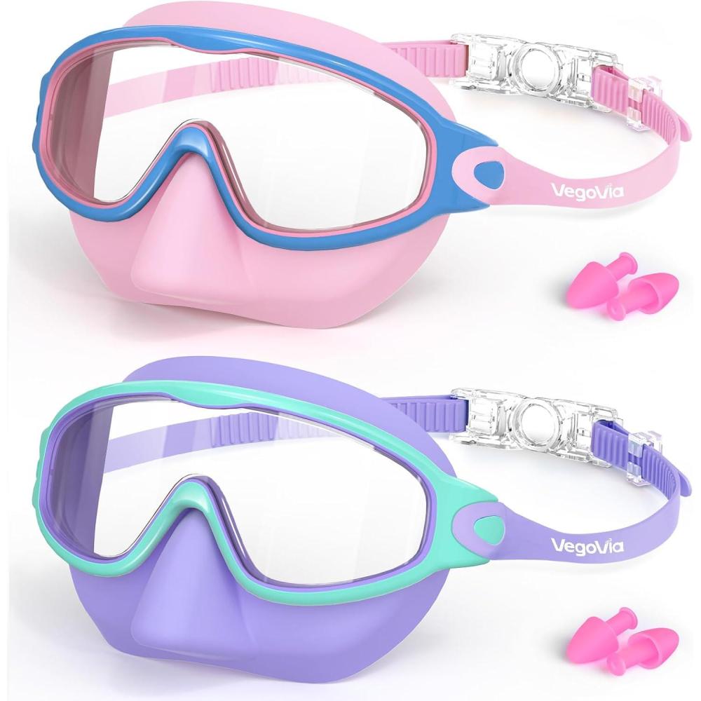 image:imageVegoVia 2 Pack Kids Swim Goggles with Nose Cover AntiFog UV Protection Swimming Goggles for Kids Youth 315Purplepink